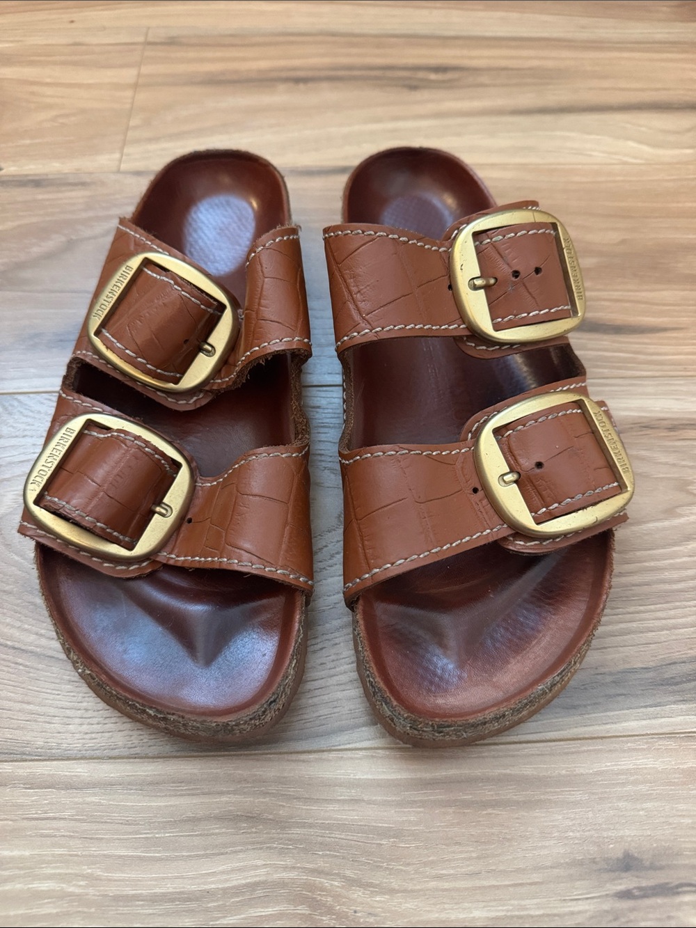 Birkenstock Brown Two-Strap Women’s Sandals with Gold Buckles